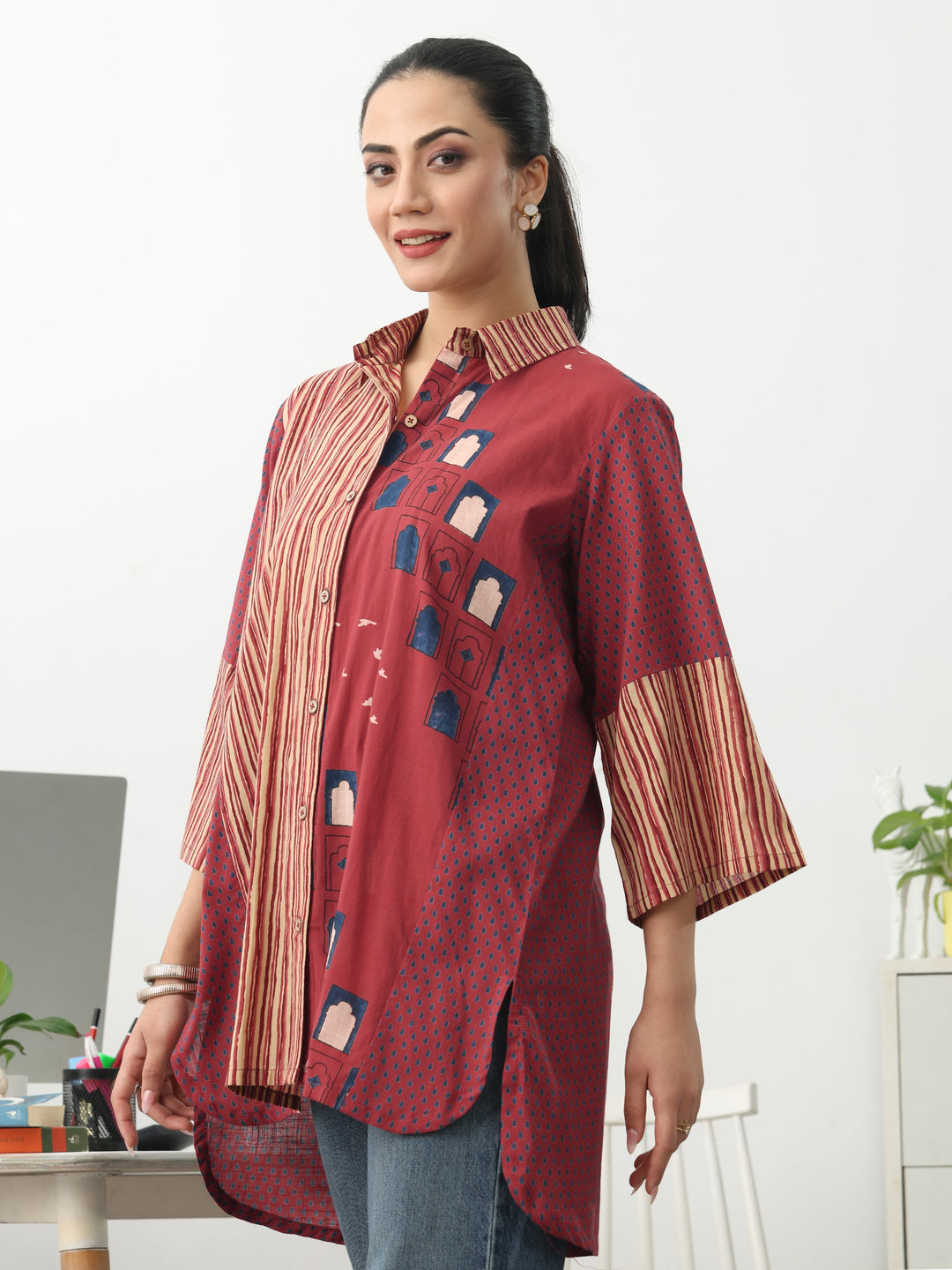 Gerua Rust Striped Printed Cotton Shirt