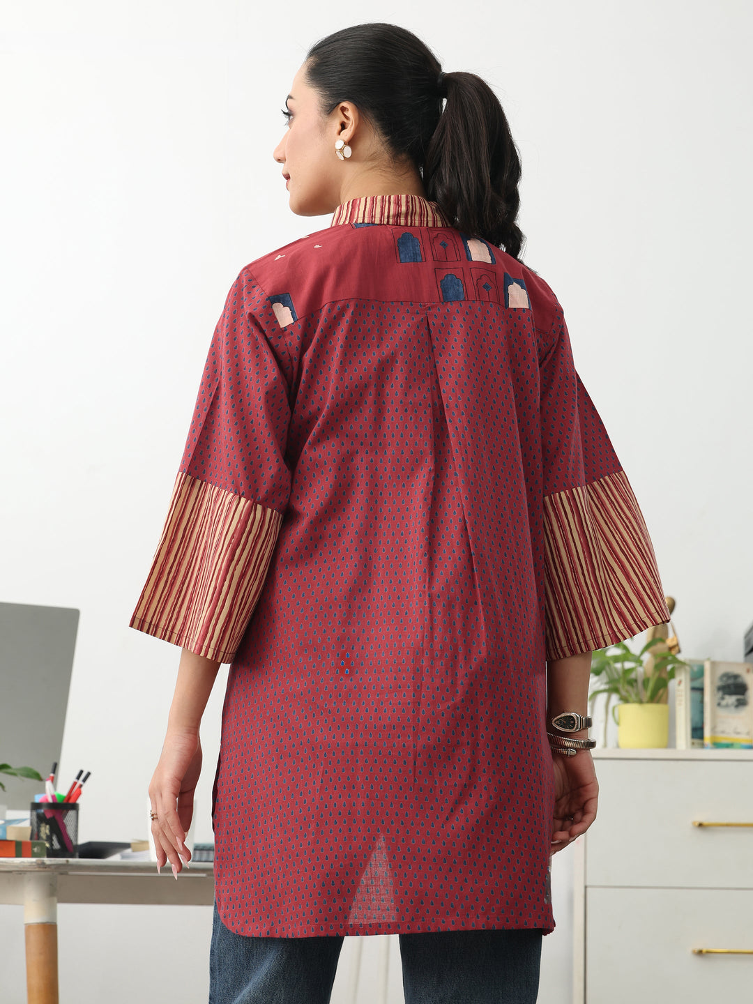 Gerua Rust Striped Printed Cotton Shirt
