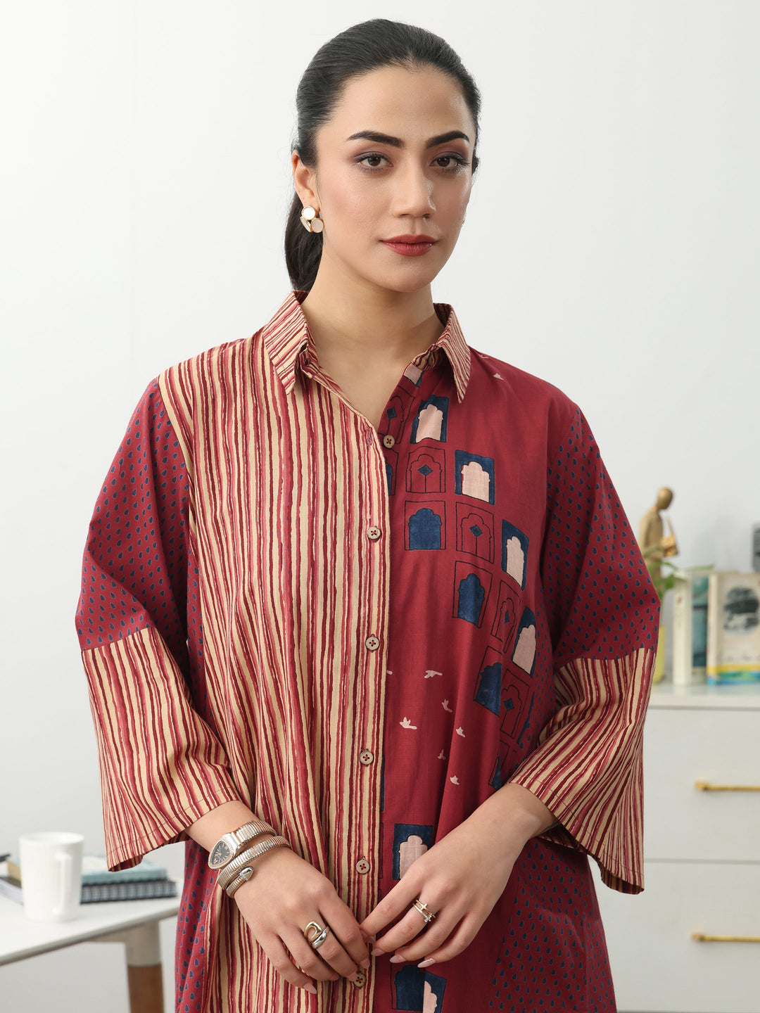 Gerua Rust Striped Printed Cotton Shirt