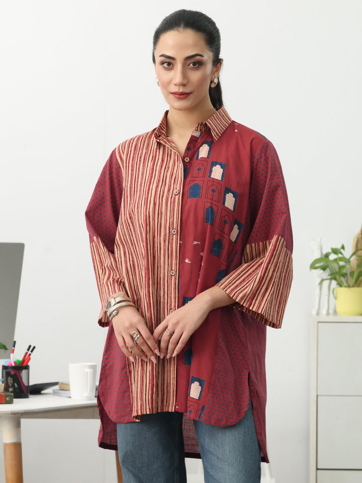 Gerua Rust Striped Printed Cotton Shirt