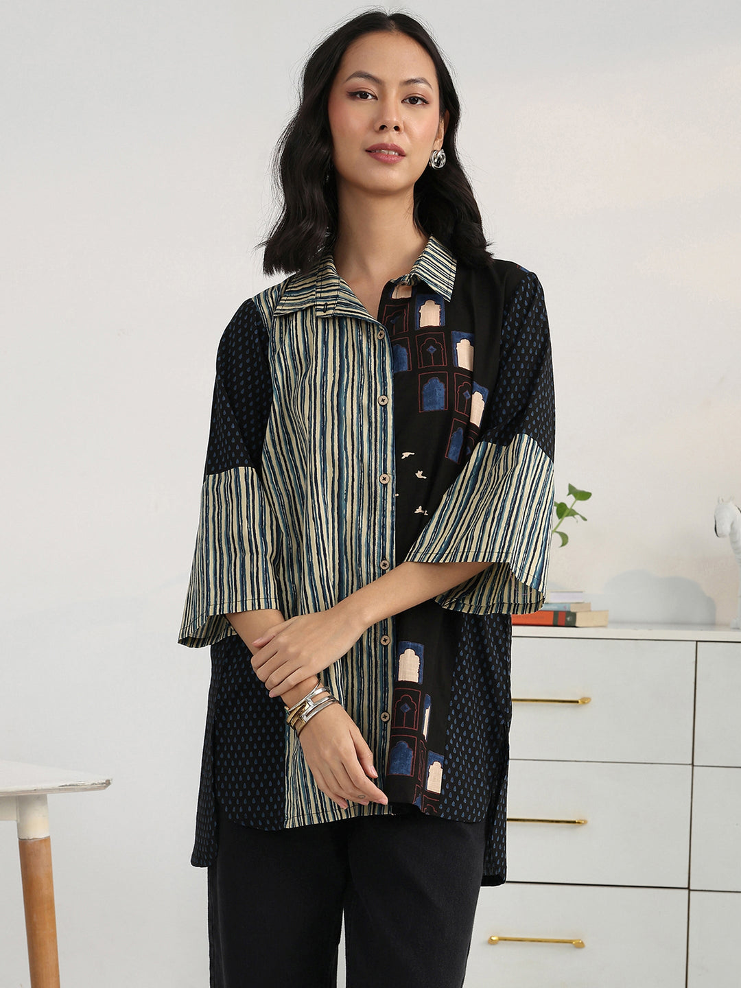 Black  Block Printed Cotton Blend Shirt