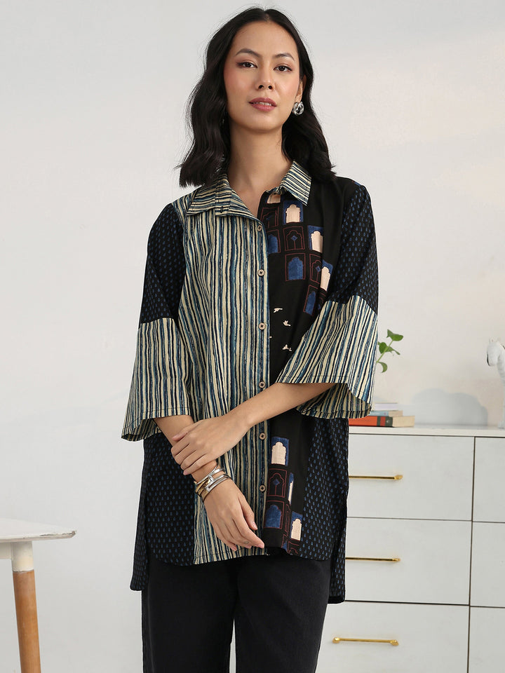 Black  Block Printed Cotton Blend Shirt