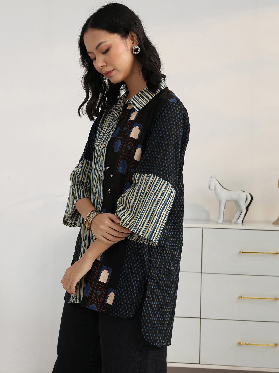 Black  Block Printed Cotton Blend Shirt