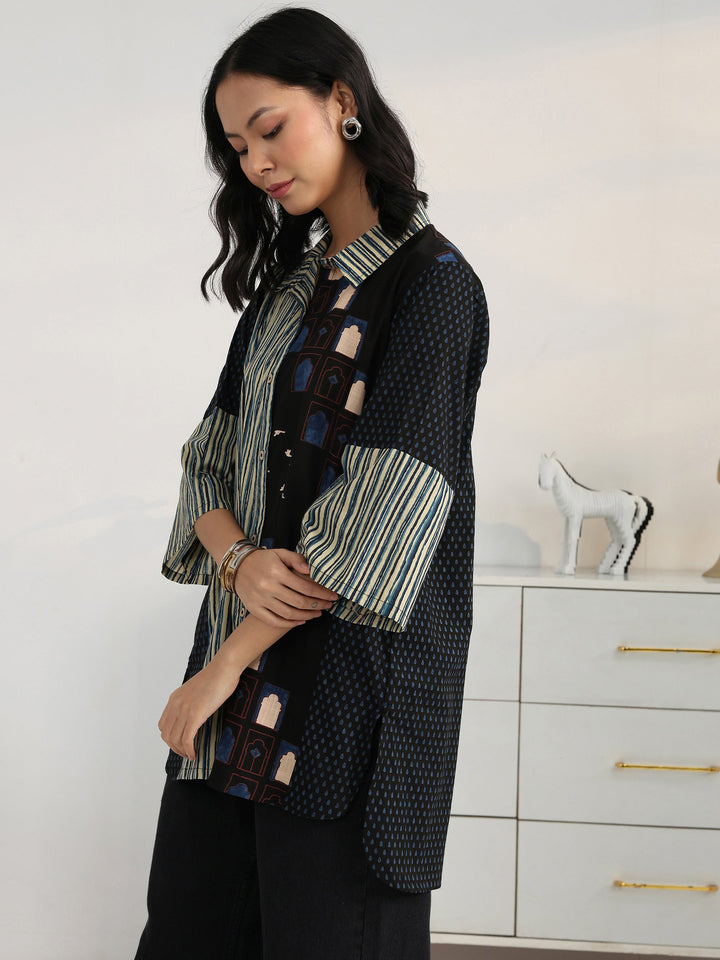 Black  Block Printed Cotton Blend Shirt
