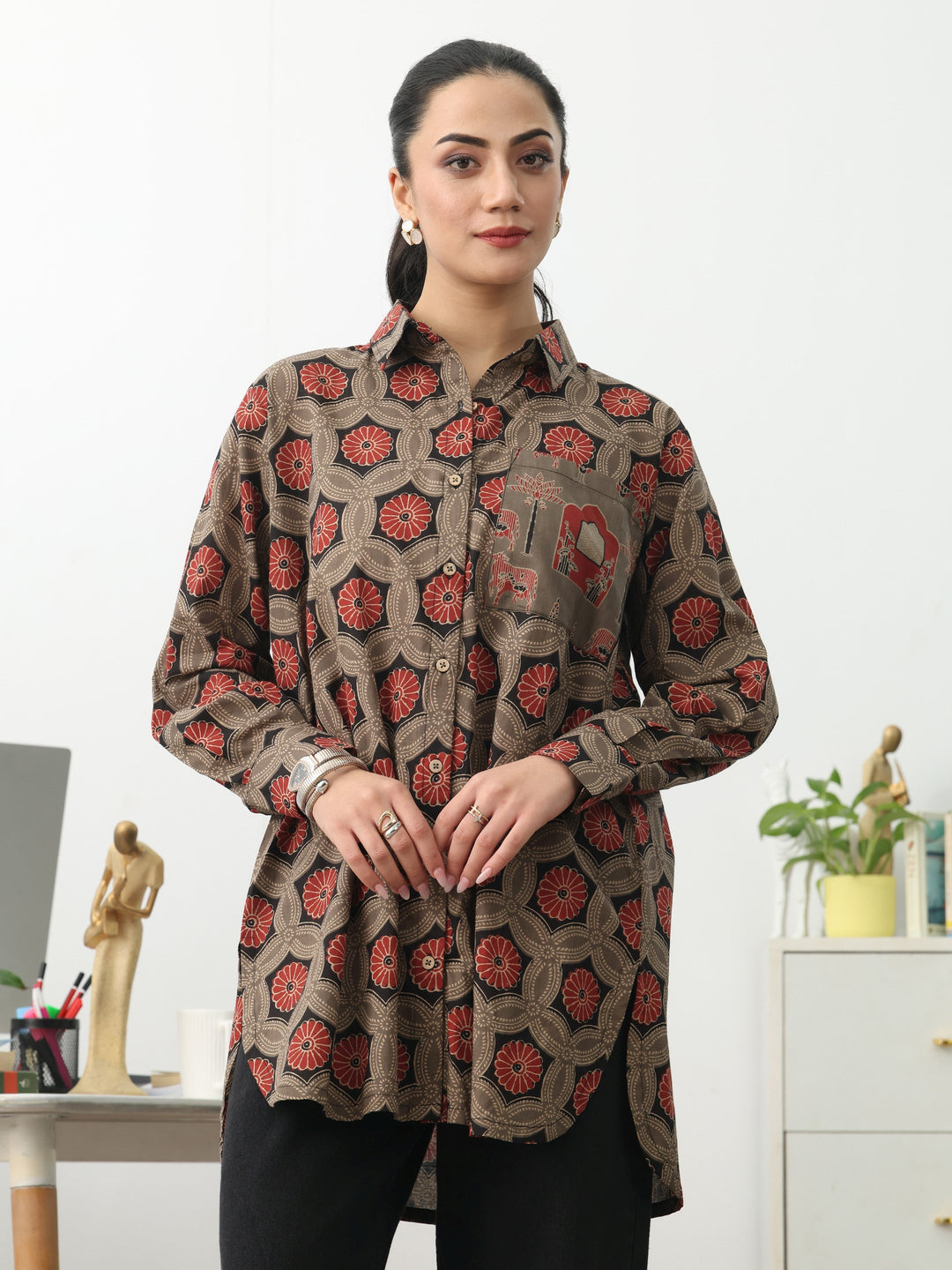 Grey Ethnic Motifs Printed Cotton Shirt