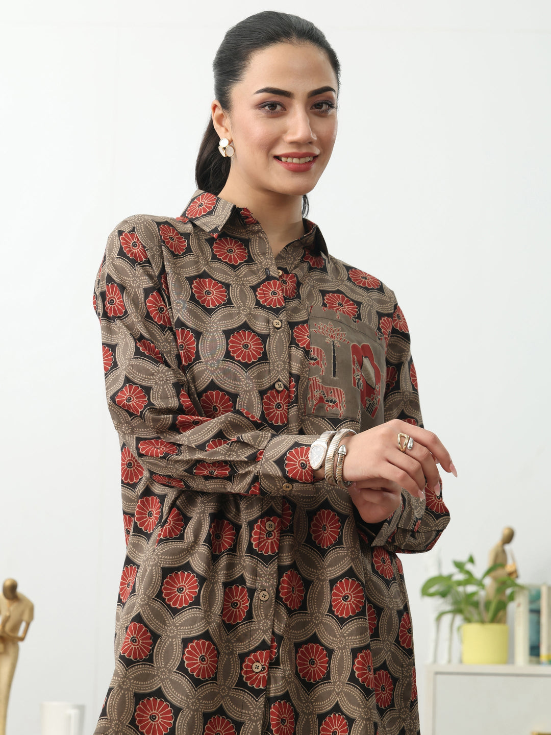 Grey Ethnic Motifs Printed Cotton Shirt