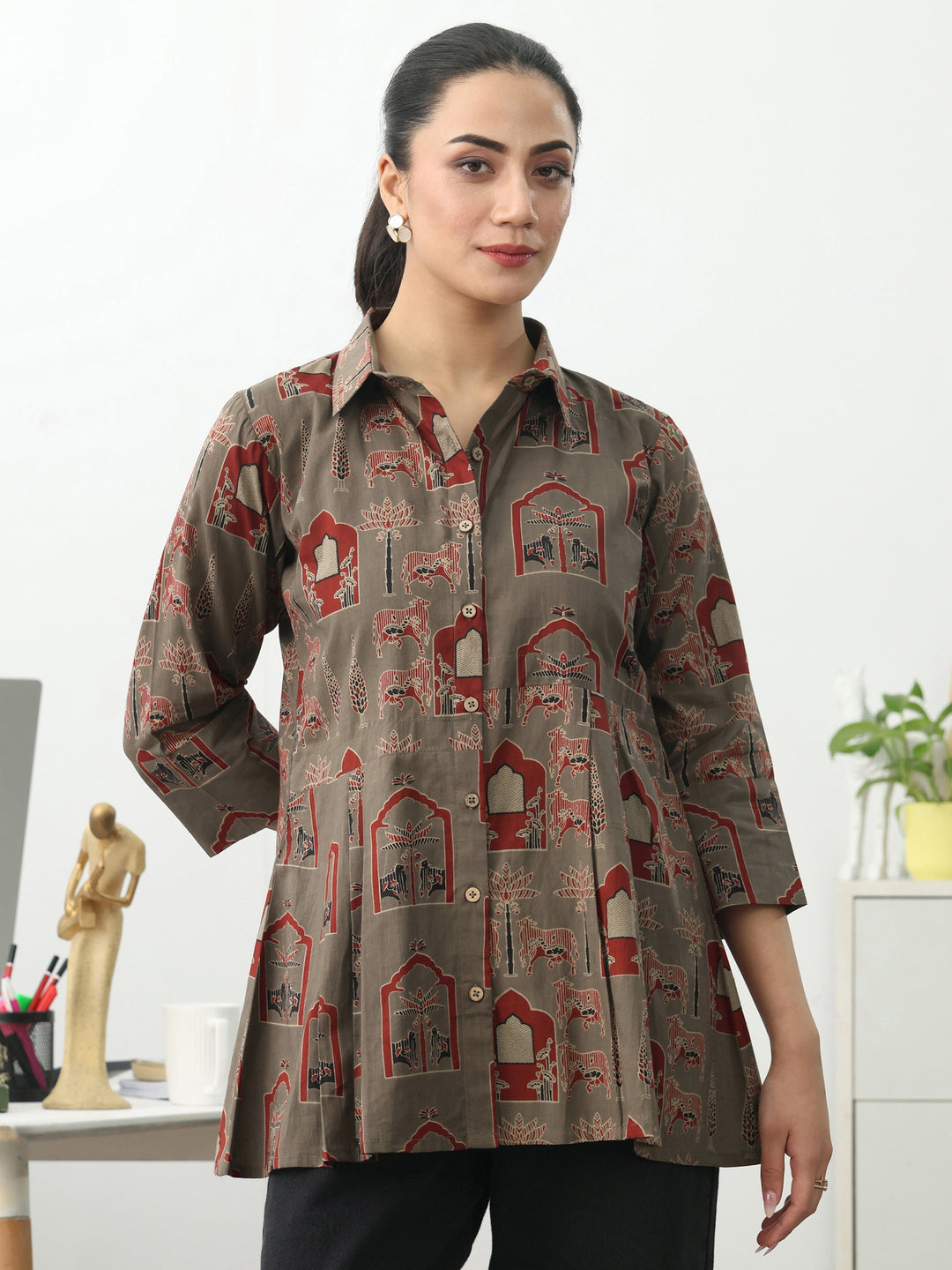 Grey Ethnic Motifs Printed Cotton Shirt