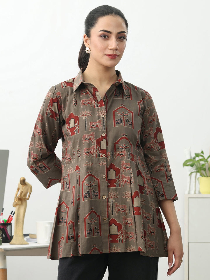 Grey Ethnic Motifs Printed Cotton Shirt