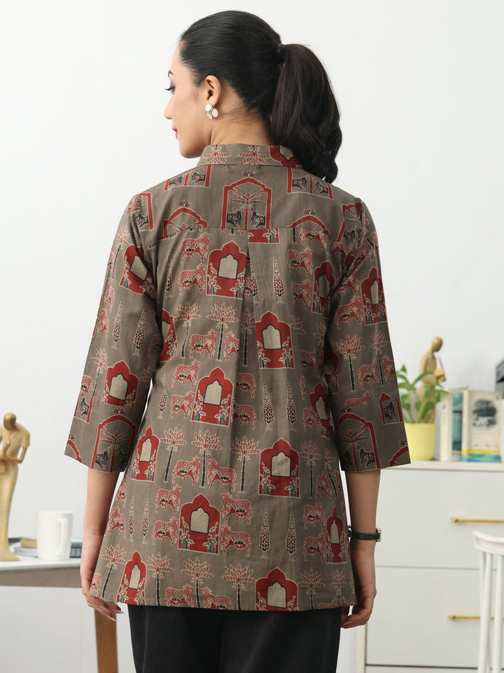 Grey Ethnic Motifs Printed Cotton Shirt