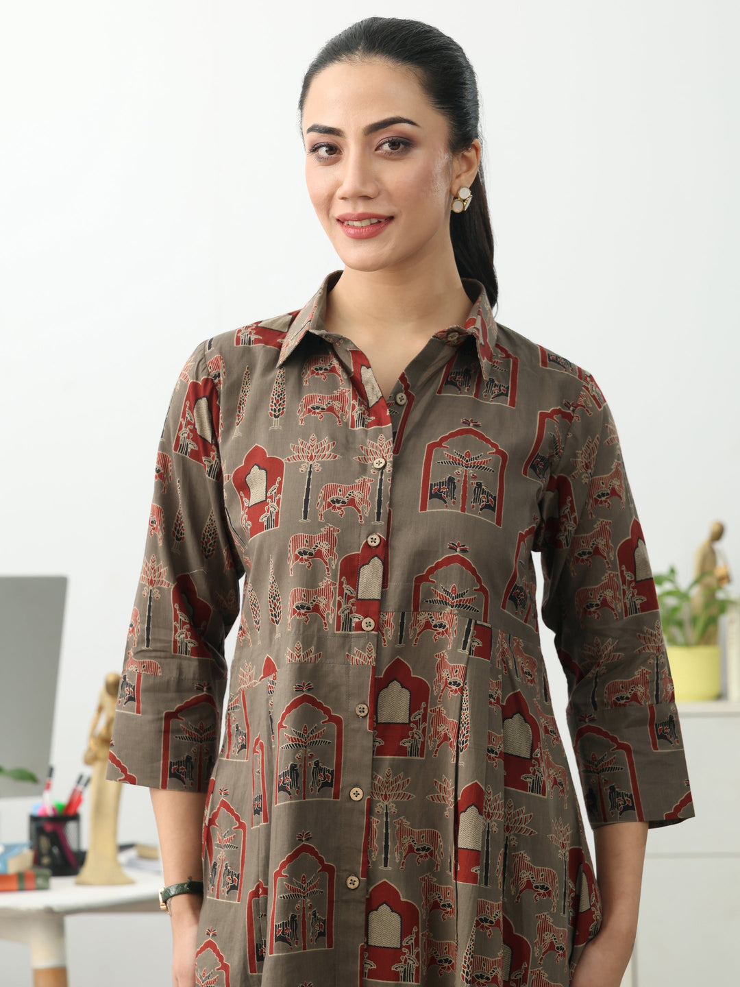 Grey Ethnic Motifs Printed Cotton Shirt