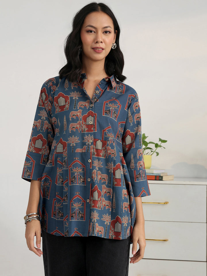 Blue Heritage Printed Cotton Blend Shirt