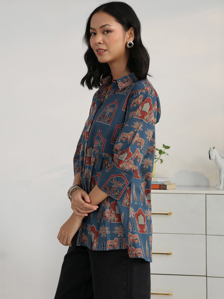 Blue Heritage Printed Cotton Blend Shirt