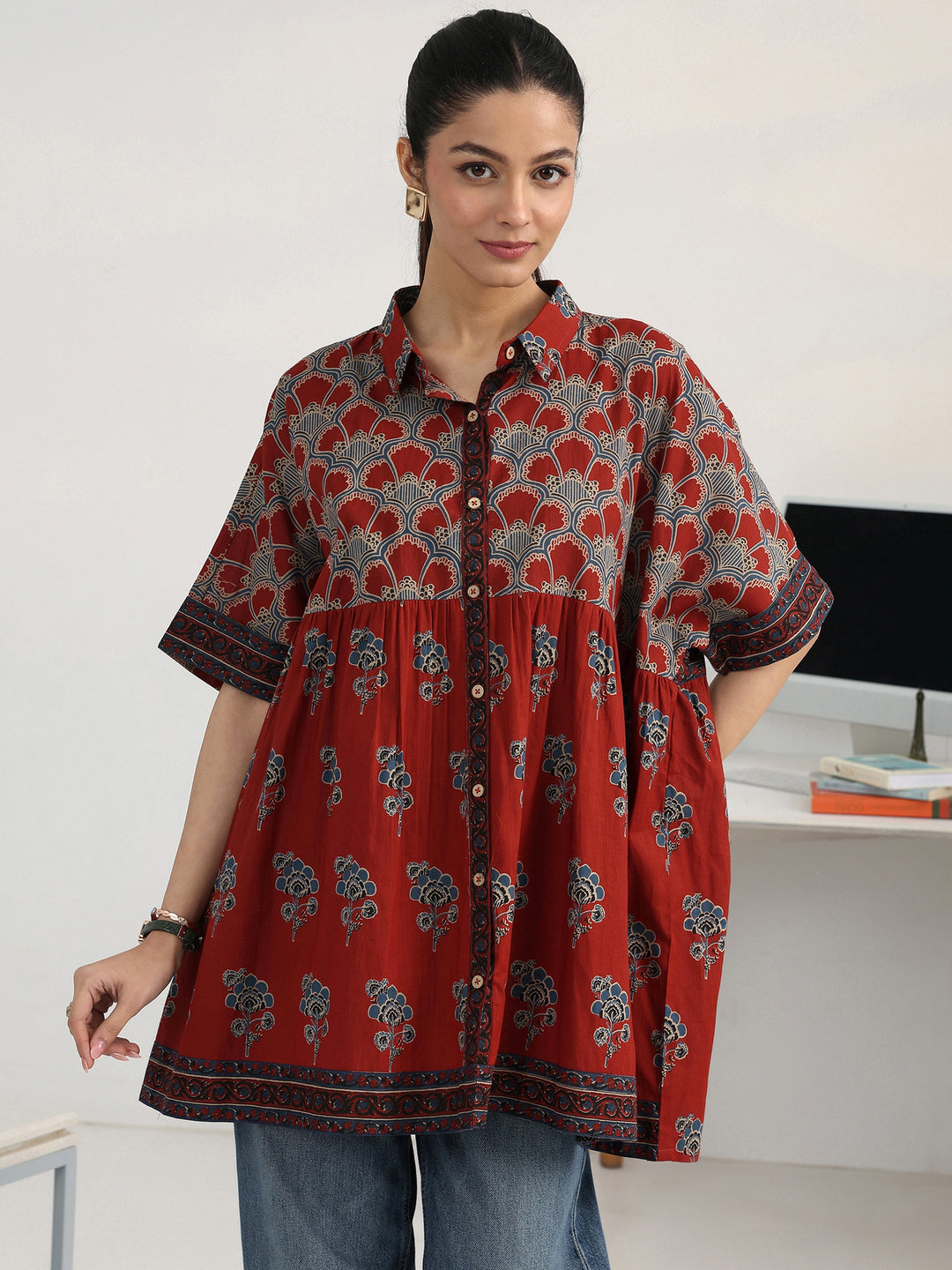 Rust Floral Printed Cotton Blend Shirt