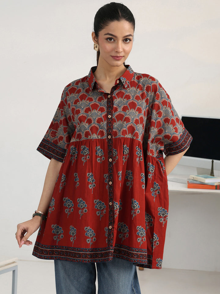 Rust Floral Printed Cotton Blend Shirt