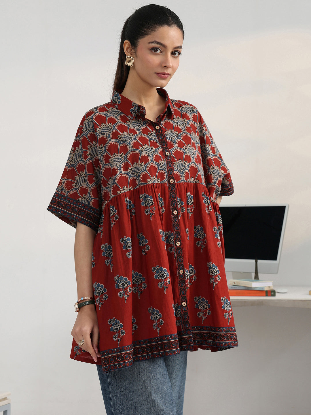 Rust Floral Printed Cotton Blend Shirt