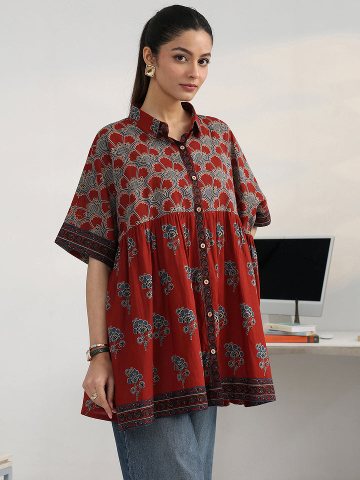 Rust Floral Printed Cotton Blend Shirt