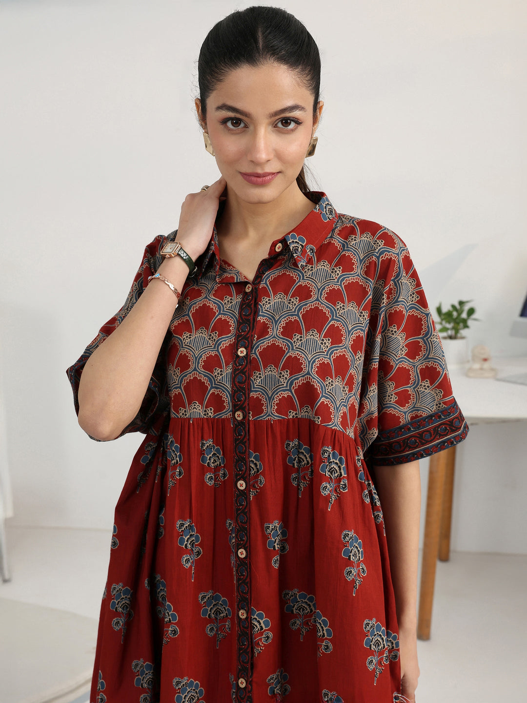 Rust Floral Printed Cotton Blend Shirt