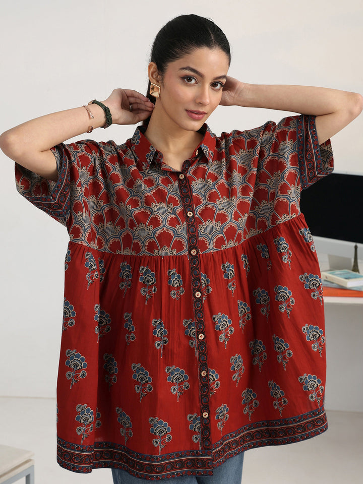 Rust Floral Printed Cotton Blend Shirt