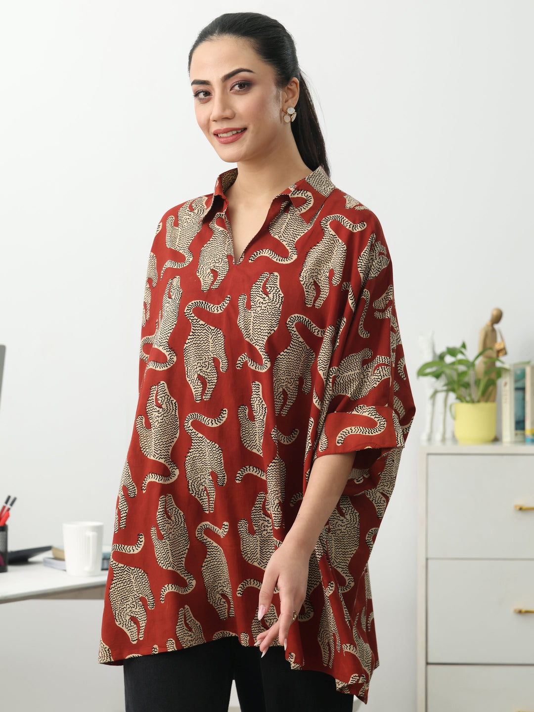 Power Move Red Quirky Print Cotton Blend Shirt