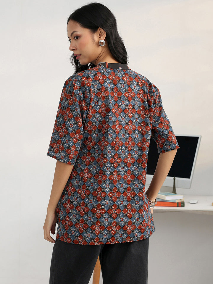 Blue Geometric Printed Cotton Blend A-Line Short Kurti