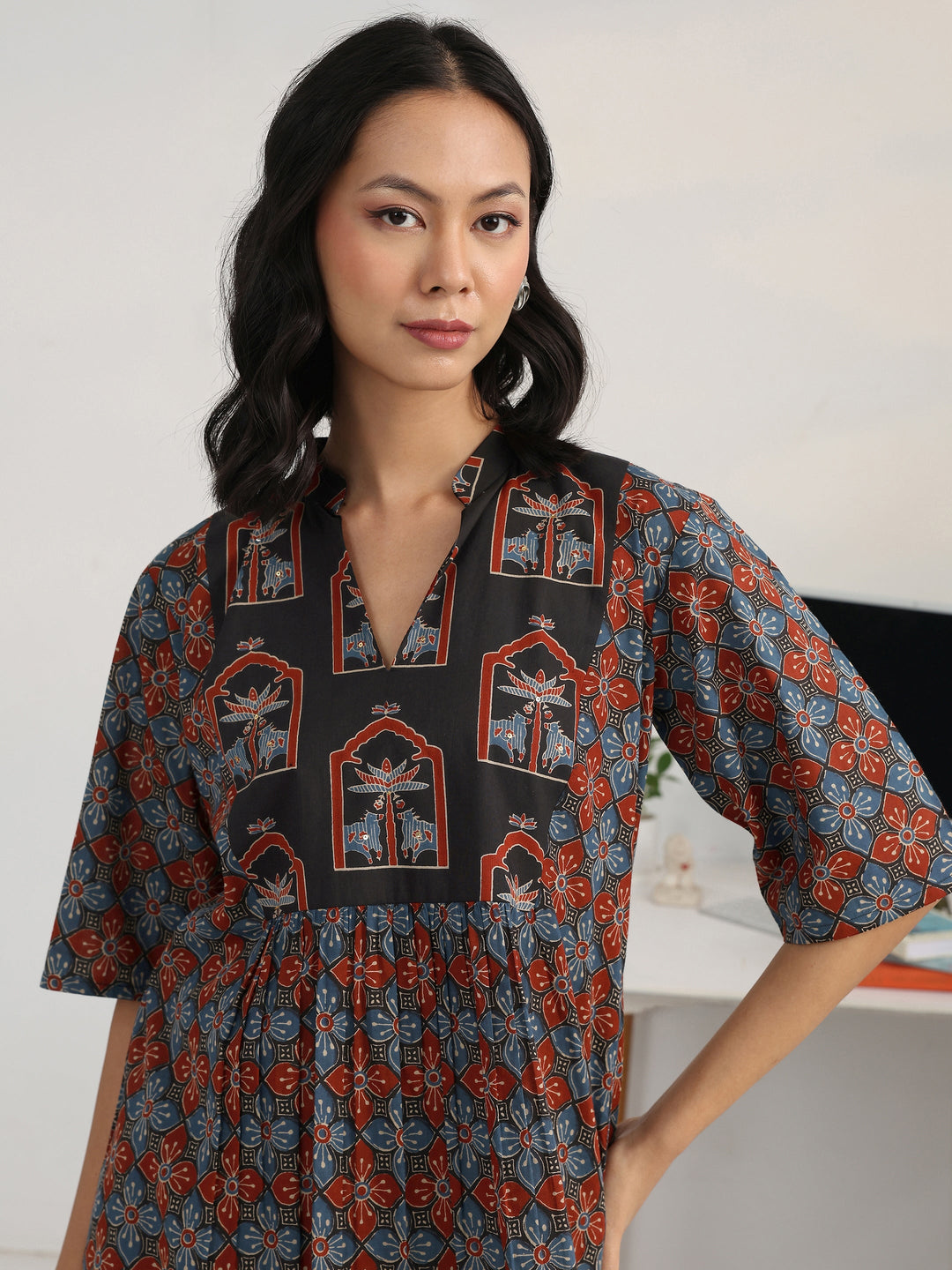Blue Geometric Printed Cotton Blend A-Line Short Kurti