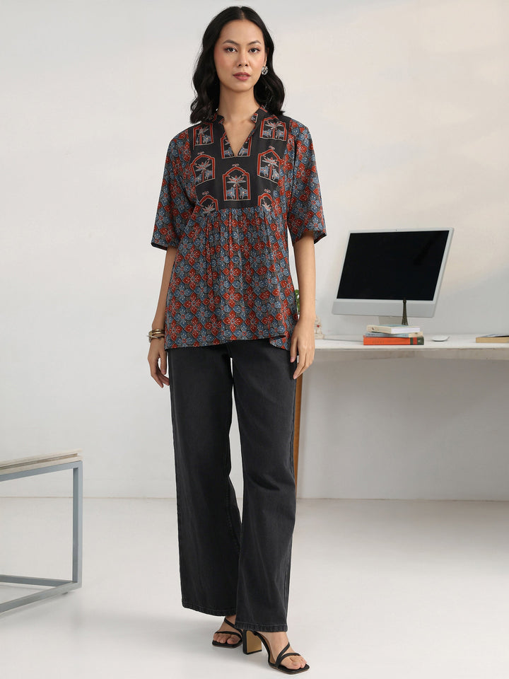 Blue Geometric Printed Cotton Blend A-Line Short Kurti