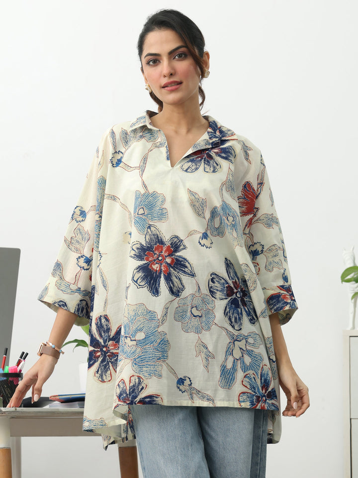 Off White Floral Printed Cotton Blend A-Line Short Kurti