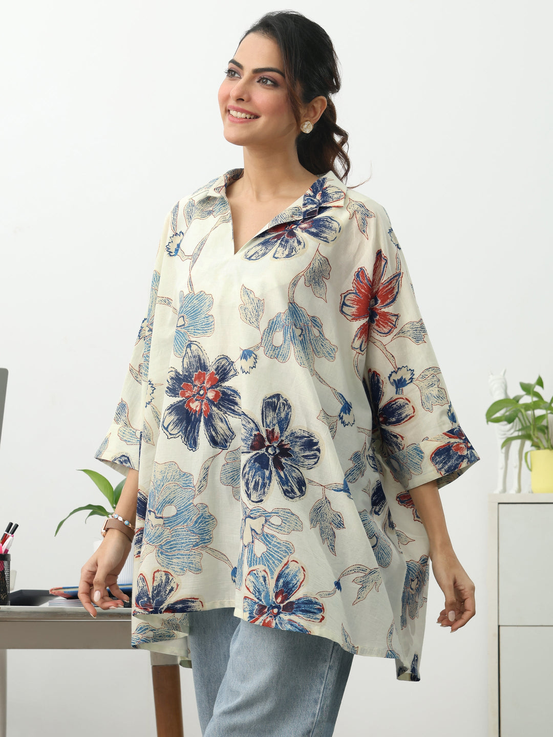 Off White Floral Printed Cotton Blend A-Line Short Kurti