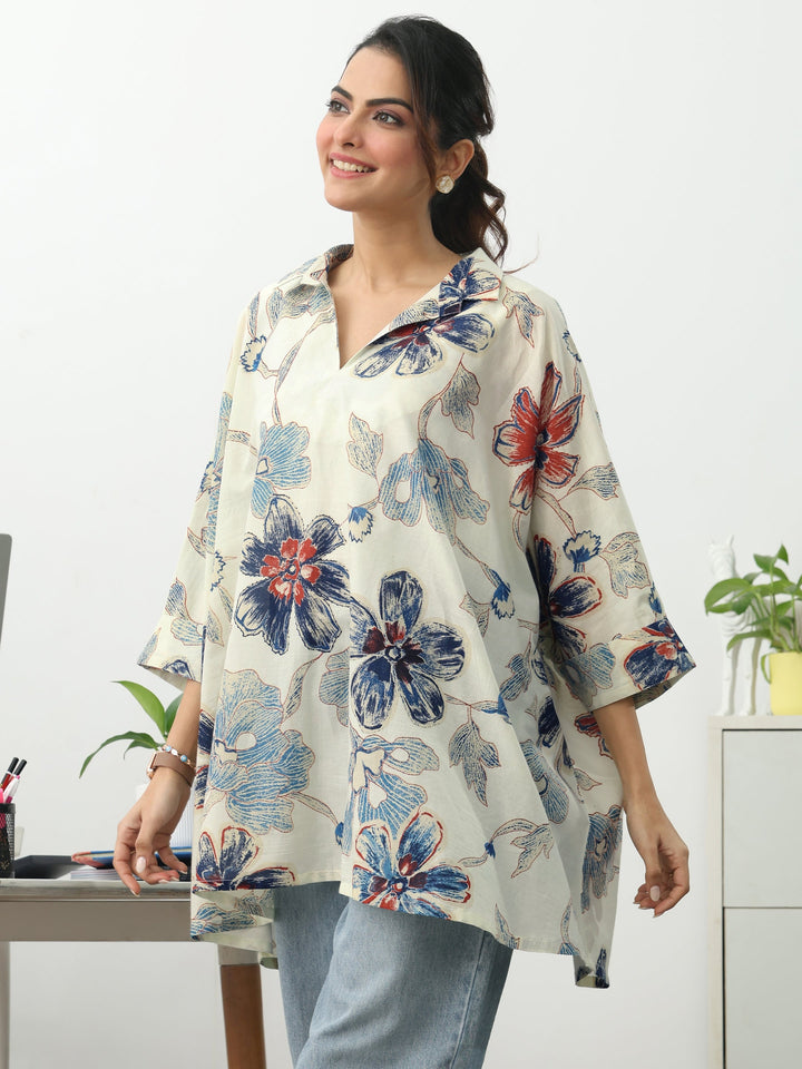 Off White Floral Printed Cotton Blend A-Line Short Kurti