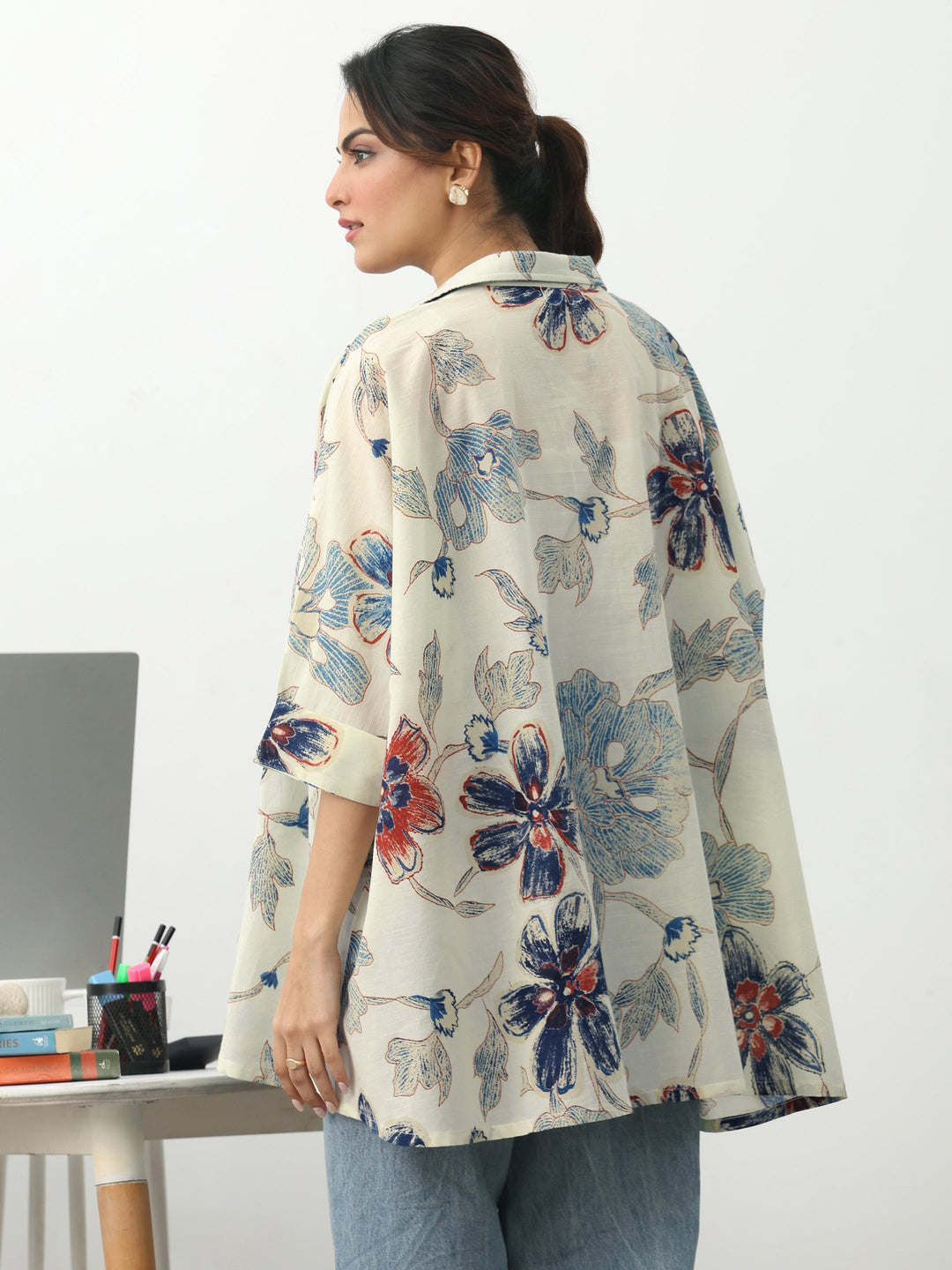 Off White Floral Printed Cotton Blend A-Line Short Kurti