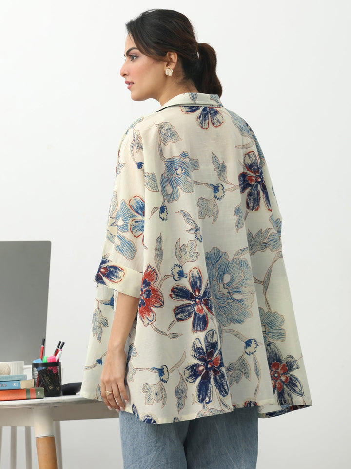 Off White Floral Printed Cotton Blend A-Line Short Kurti