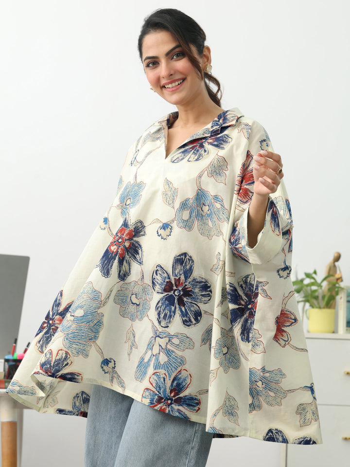 Off White Floral Printed Cotton Blend A-Line Short Kurti