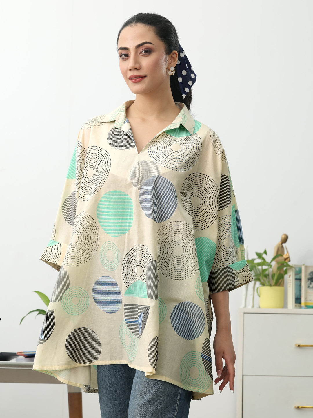 Off White Geometric Printed Cotton Blend A-Line Short Kurti