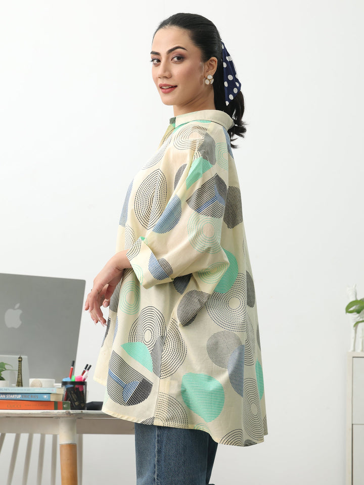 Off White Geometric Printed Cotton Blend A-Line Short Kurti