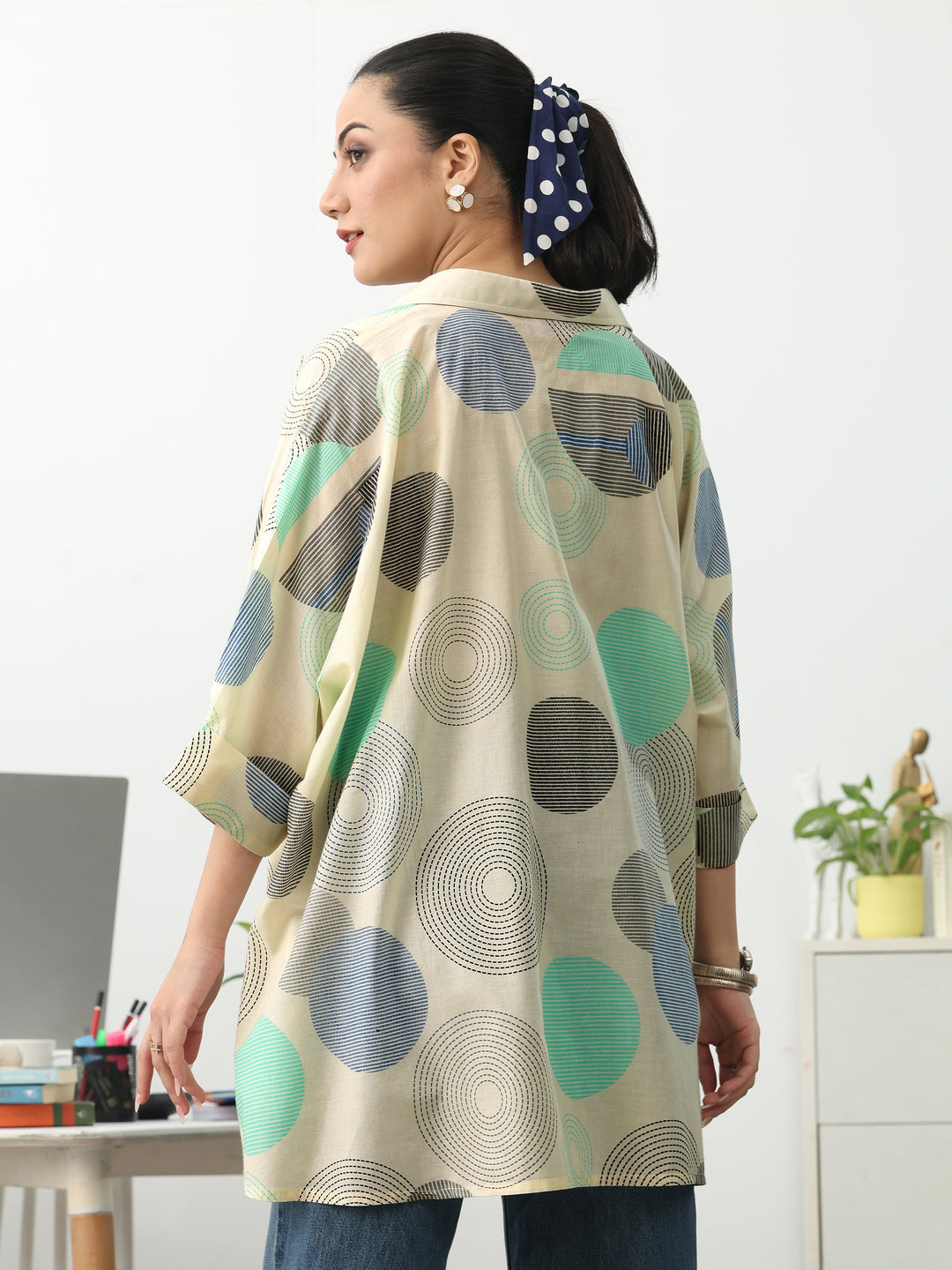 Off White Geometric Printed Cotton Blend A-Line Short Kurti