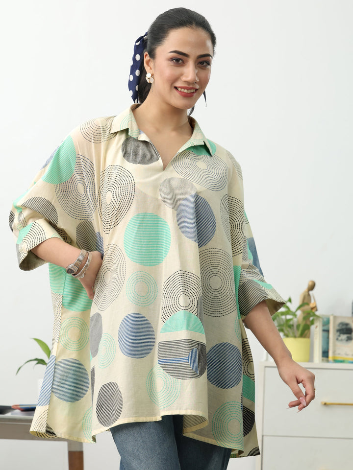 Off White Geometric Printed Cotton Blend A-Line Short Kurti
