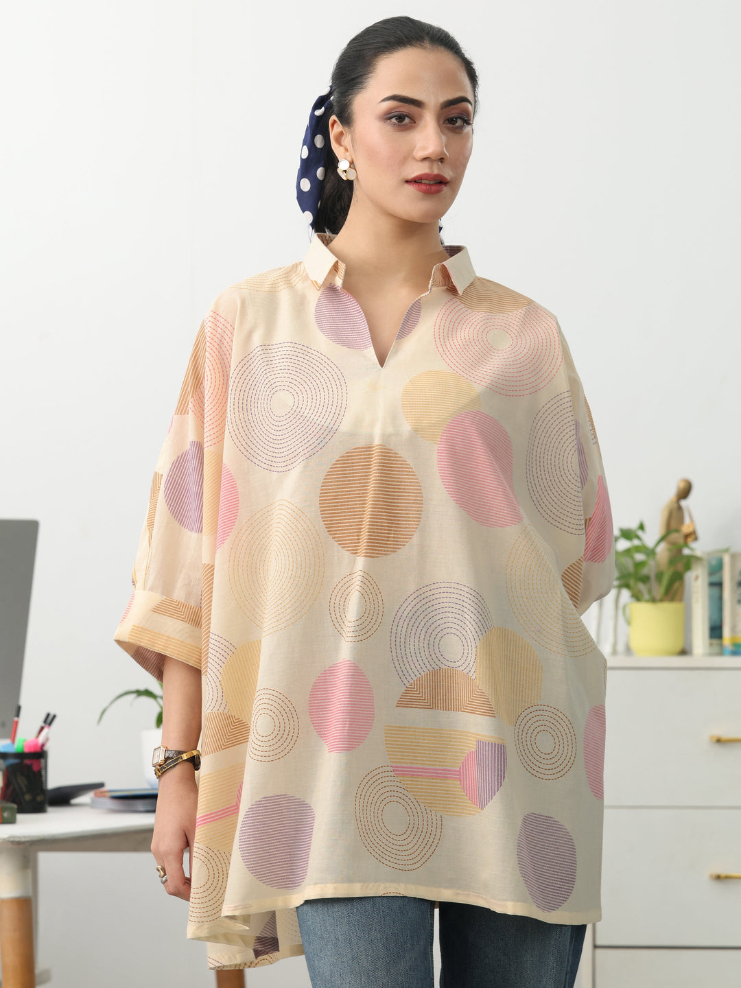 Off White Geometric Printed Cotton Blend A-Line Short Kurti