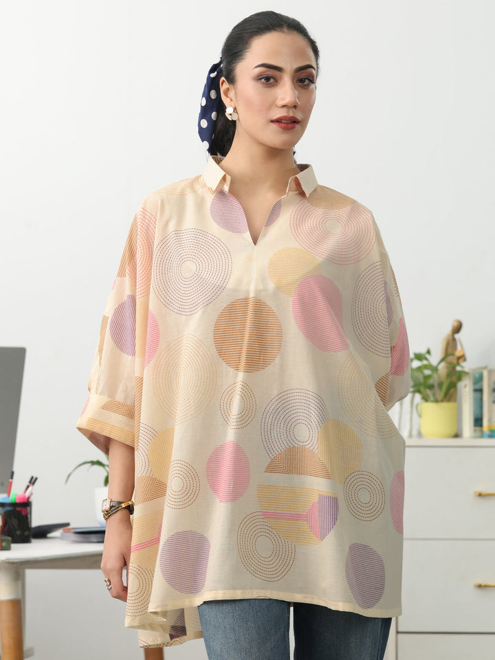 Off White Geometric Printed Cotton Blend A-Line Short Kurti