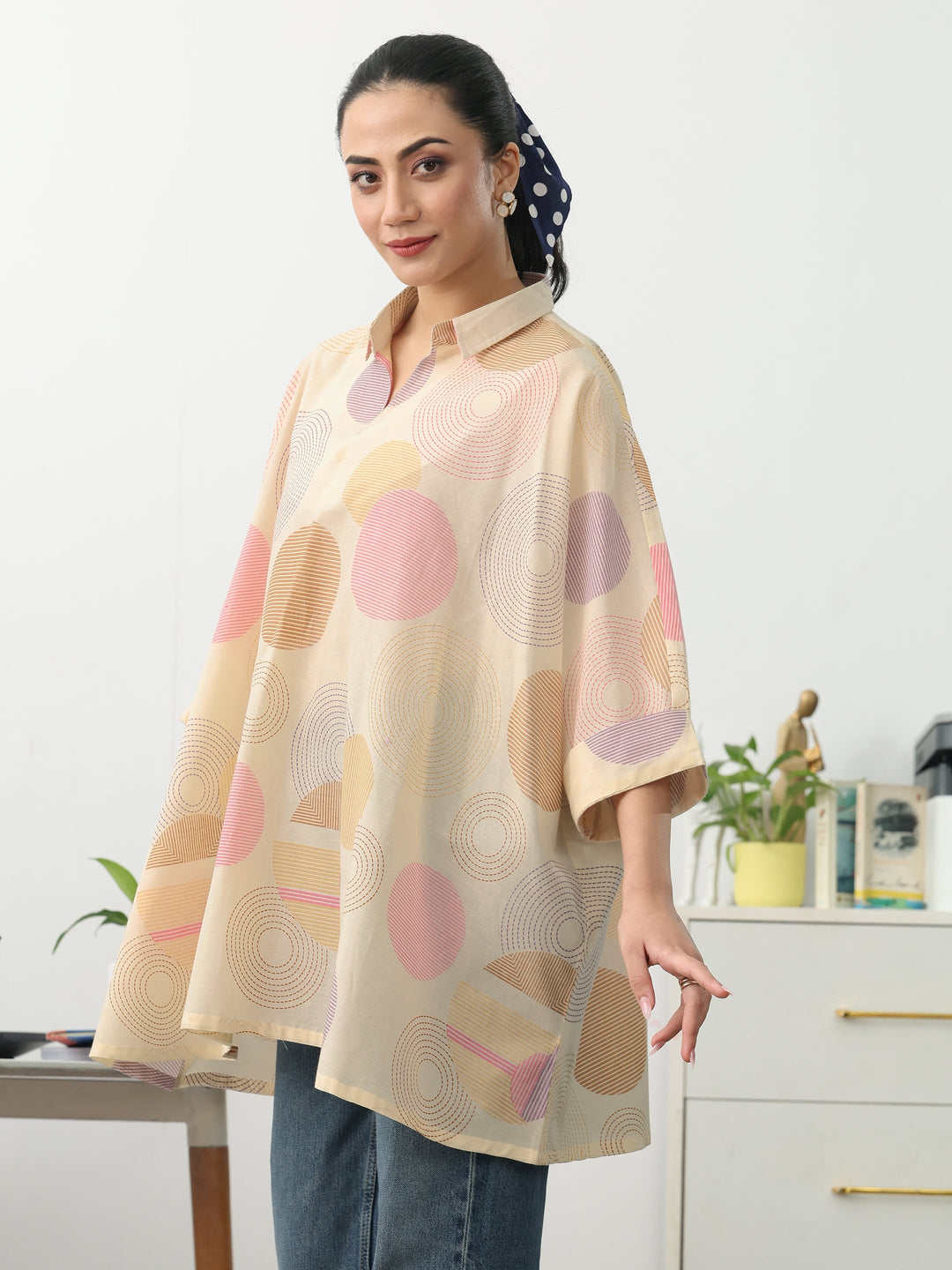 Off White Geometric Printed Cotton Blend A-Line Short Kurti