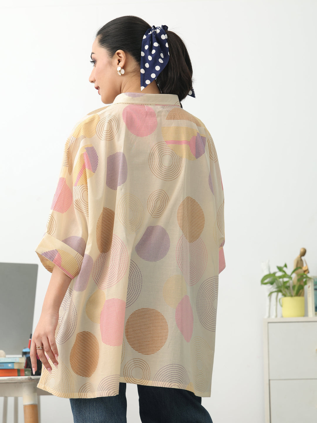 Off White Geometric Printed Cotton Blend A-Line Short Kurti
