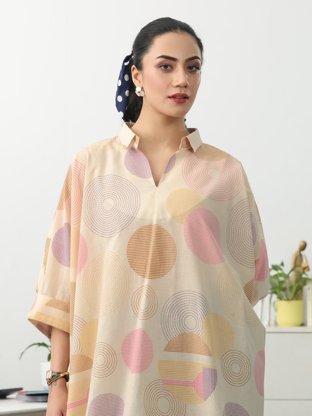 Off White Geometric Printed Cotton Blend A-Line Short Kurti