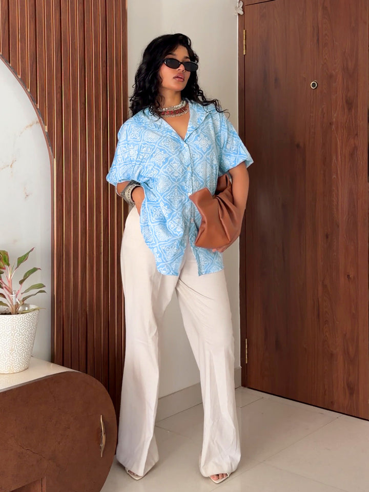 Gerua Bandhani Blue Cotton Blend Blend Signature Shirt