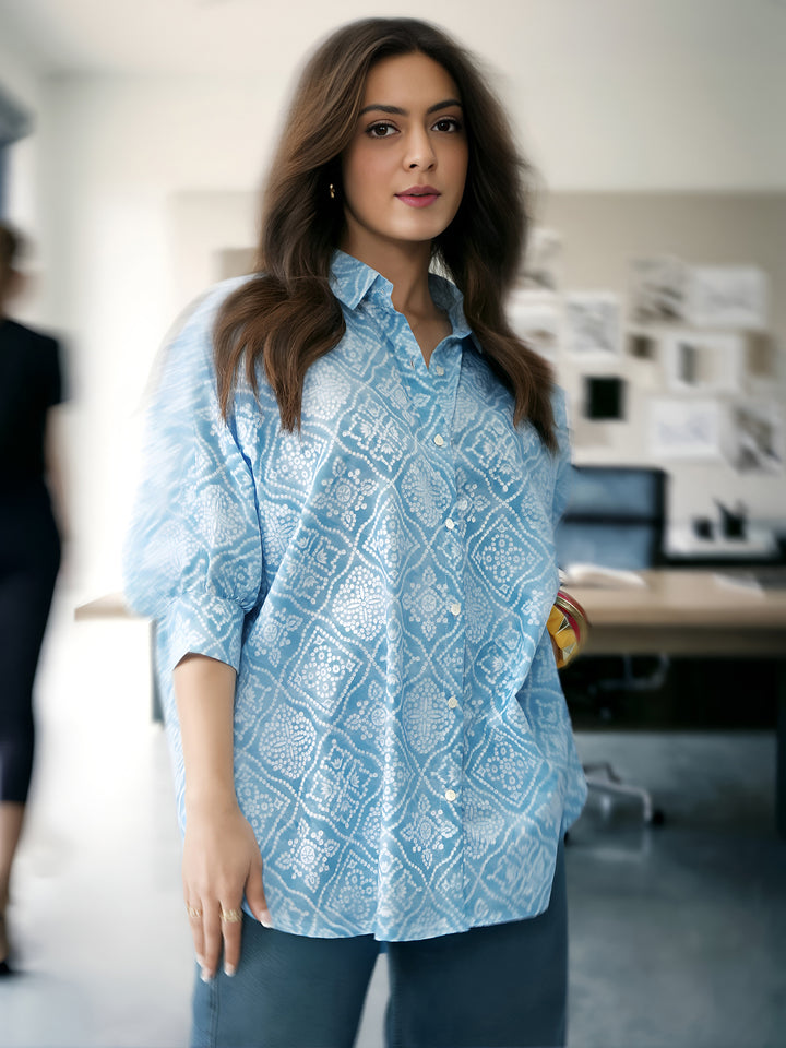 Bandhani Blue Cotton Blend Signature Shirt