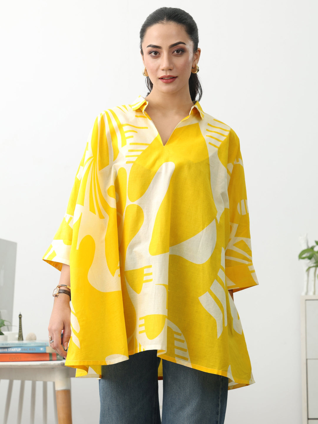Yellow Abstract Printed Cotton Blend A-Line Short Kurti