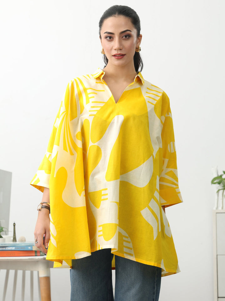 Yellow Abstract Printed Cotton Blend A-Line Short Kurti