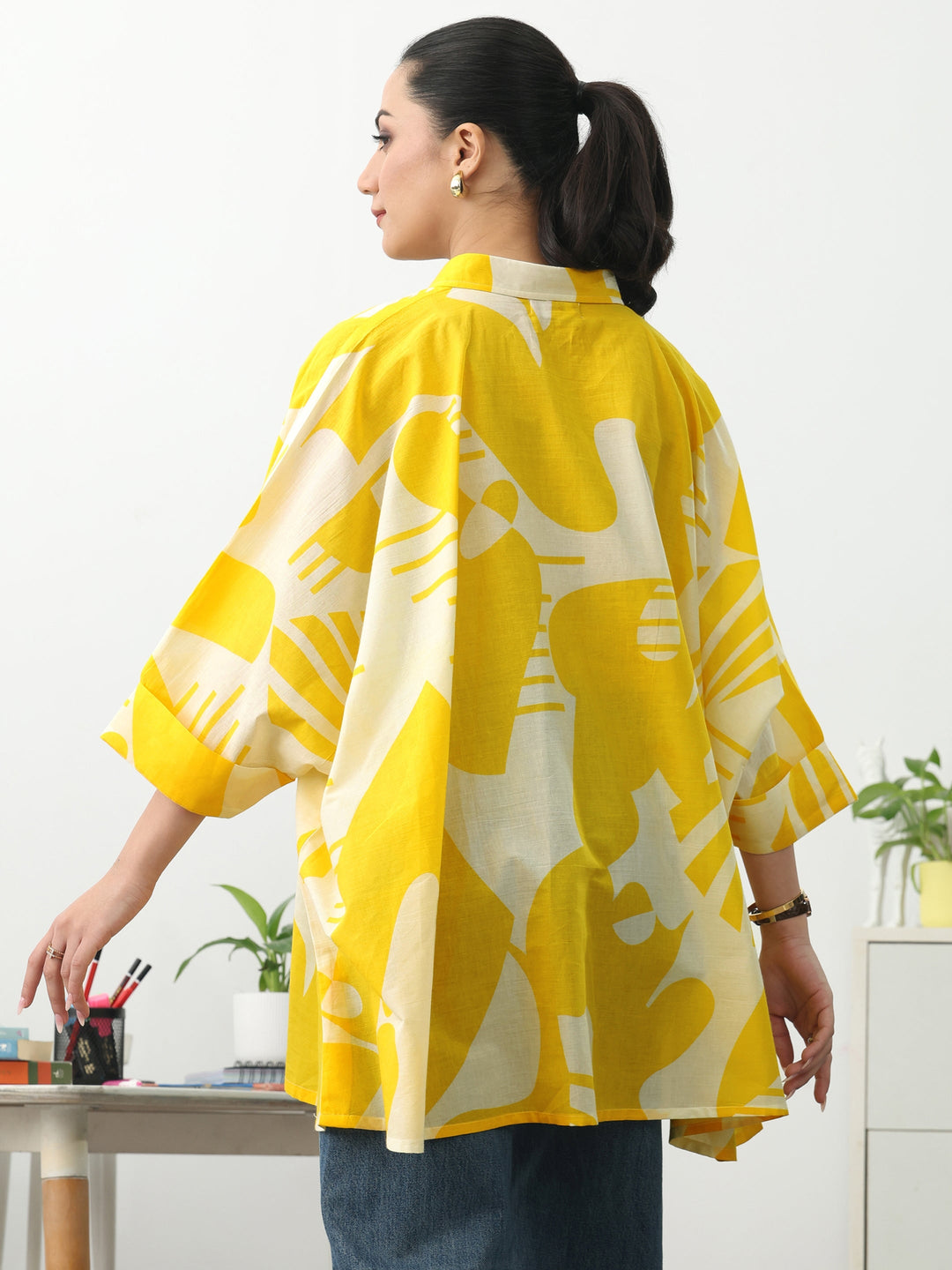 Yellow Abstract Printed Cotton Blend A-Line Short Kurti