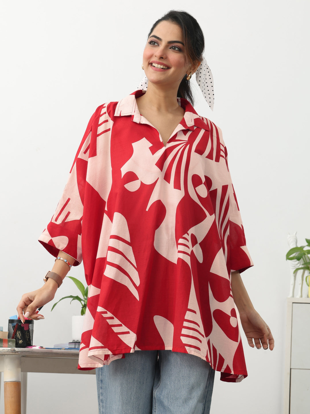 Red Abstract Printed Cotton Blend A-Line Short Kurti