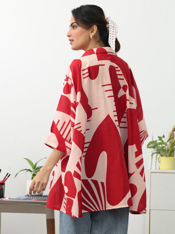Red Abstract Printed Cotton Blend A-Line Short Kurti