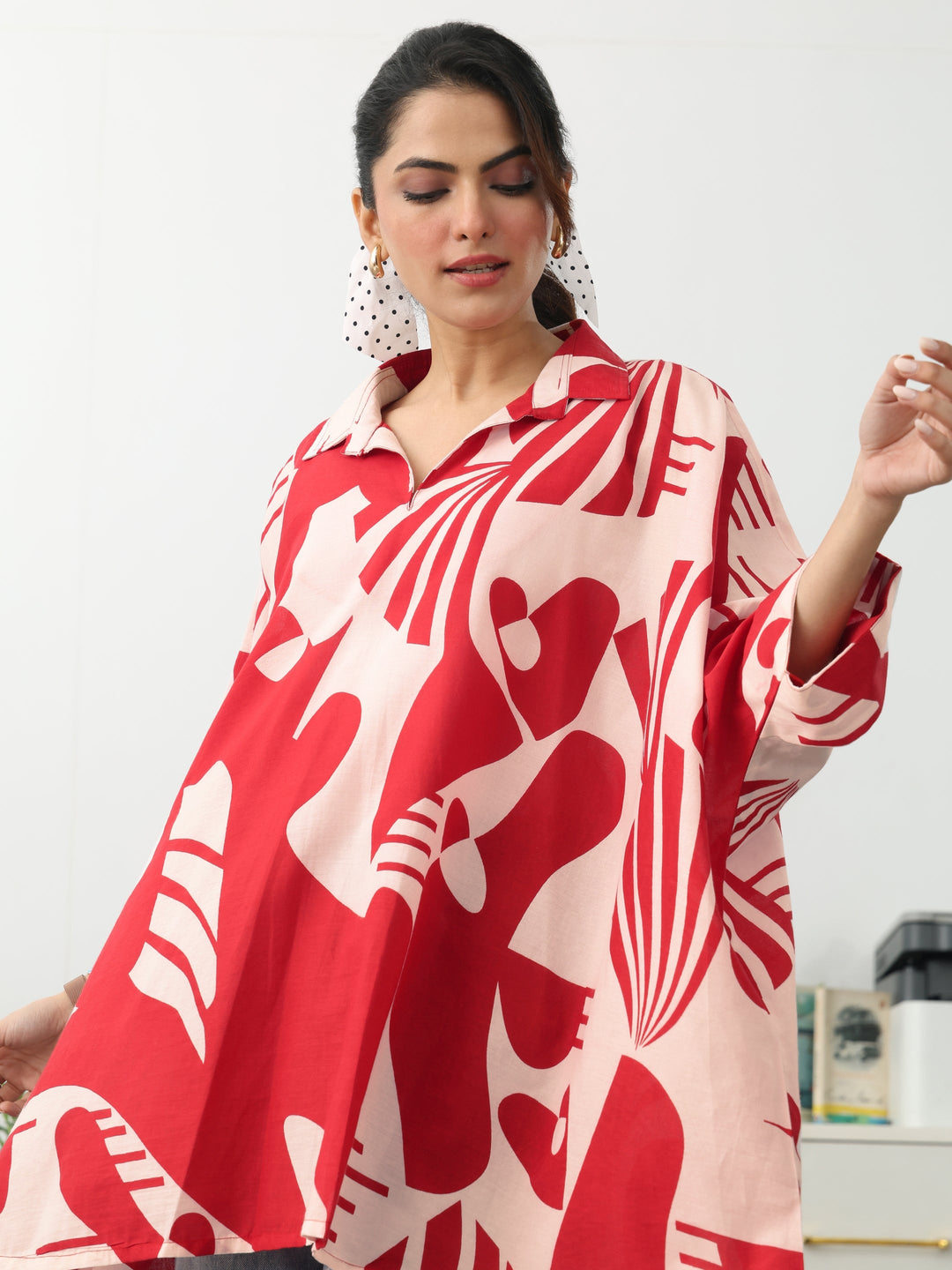 Red Abstract Printed Cotton Blend A-Line Short Kurti