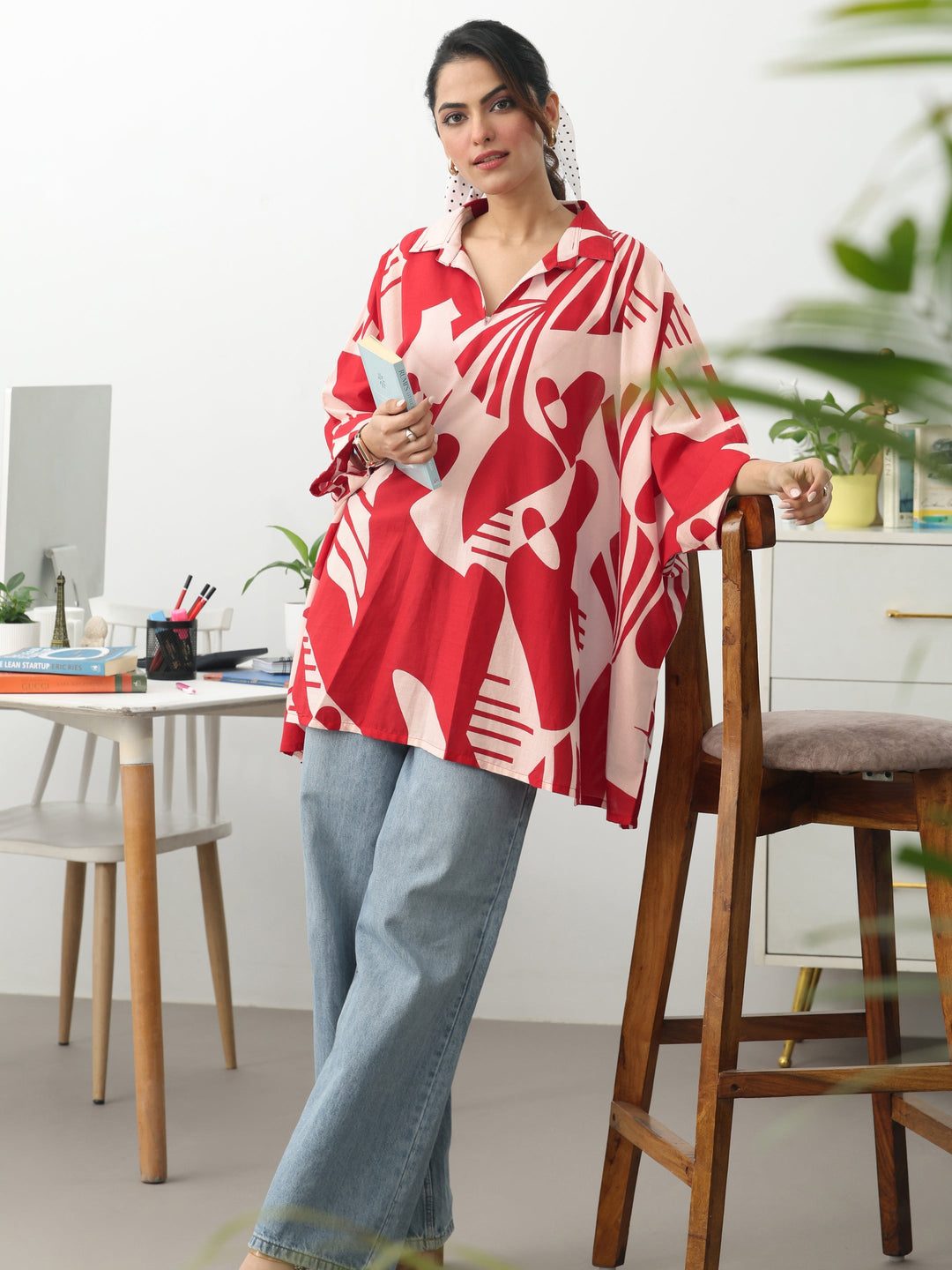Red Abstract Printed Cotton Blend A-Line Short Kurti